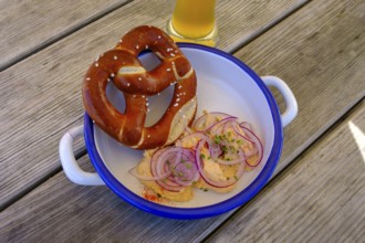 Snack, sausage salad, Obazda, food, kiosk in Sachenbach, at Walchensee, Jachenau, Upper Bavaria,