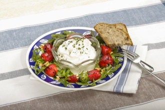 Swabian cuisine, Luggeles cheese with strawberries and salad rocket, Swabian cream cheese, dairy