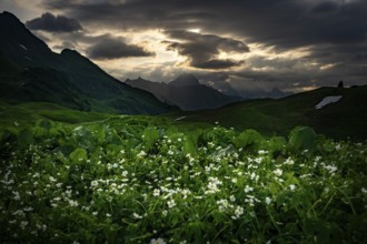 Summit in the morning light with dramatic clouds and anemone in the foreground, Lech,