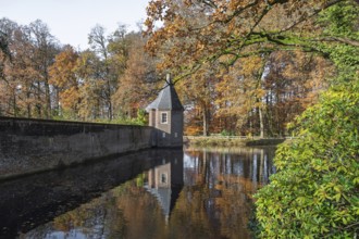 Castle wall with turrets reflected in the calm waters of the castle moat, Haus Welbergen,