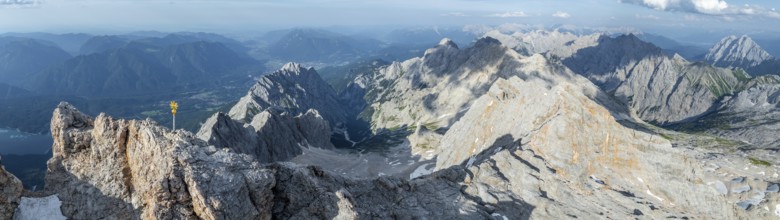 Alpine panorama, summit cross, aerial view, Zugspitze, high mountains, Bavaria, Germany, Europe