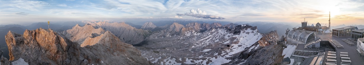 Alpine panorama, aerial view at sunset, Zugspitze with Zugspizubahn and Zugspitzplatt with glacier,