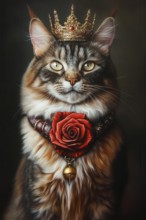 Maine coon cat dressed in medieval attire with jewels, crown and a red devil rose around the neck,