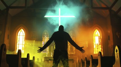 Christian man prays to lord Jesus Christ with passion in catholic church in front of the cross, AI