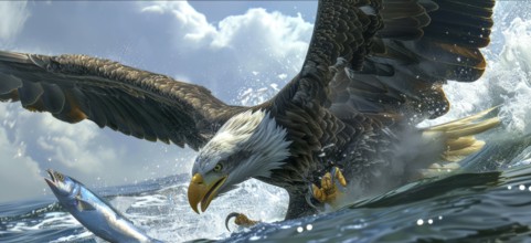 A large eagle is swimming in the ocean, trying to catch a fish, AI generated