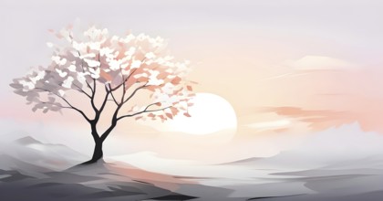 Abstract minimalist spring scene with a single, sharp silhouette of a blooming tree on a vast light