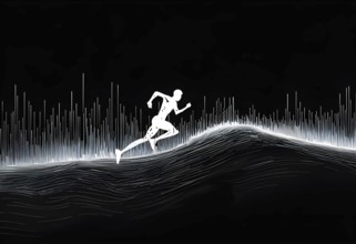 Wave of data points shaping into a runners silhouette, abstract illustration in black and white,