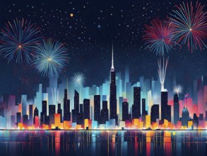 Minimalist, geometric skyline at night, with subtle fireworks in the sky, represented by colorful