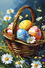 Illustration of of vibrant colored Easter eggs in a wicker basket, surrounded by delicate spring