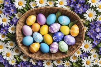 Illustration of of vibrant colored Easter eggs in a wicker basket, surrounded by delicate spring