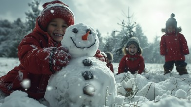 Happy children building A christmas snowman outside in the snow. generative AI., AI generated