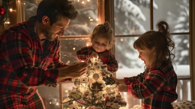 Happy young family wearing matching pajamas decorating the christmas tree together. generative AI.,