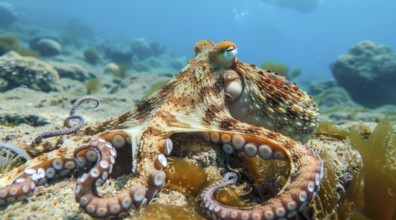 Octopus underwater with spread tentacles., AI generated