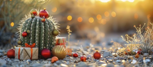 Wrapped presents and small desert cactus decorated for christmas in the desert. generative AI., AI