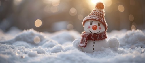 A cheerful christmas snowman in a winter snowy scene banner. generative AI., AI generated