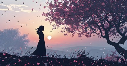 Abstract minimalist spring scene with a single, sharp silhouette of a young woman and of a blooming