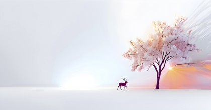 Abstract minimalist spring scene with a single, sharp silhouette of a deer and of a blooming tree,