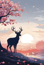 Abstract minimalist spring scene with a single, sharp silhouette of a deer and of a blooming tree,