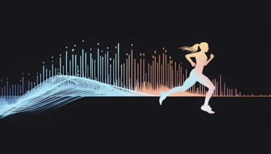 Illustration of a wave of data points shaping into a female runner silhouette, blue and orange