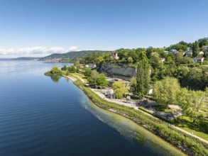 Aerial view of Lake Constance with the Landesgartenschaugelände and Uferpark, Goldbach, Überlingen,