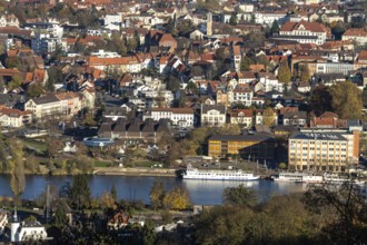 View of Hamelin and excursion boats on the Weser from Mount Klüt, Lower Saxony, Germany, Europe