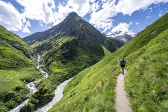 Mountaineer on a hiking trail in the Umbaltal valley, Isel and Daberbach mountain streams,