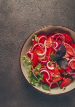 Fresh tomato salad, with red onion, spices and herbs, top view, close-up, homemade