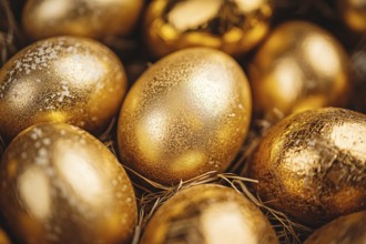 Close up of shiny golden easter eggs. Generative AI, AI generated