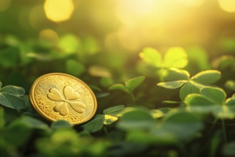 Shiny golden St. Parick's day coin with four leaved clover on clover plants with sun in background.