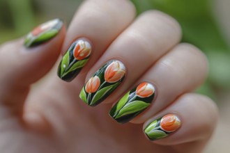 Close up of woman's hand with beautiful spring themed nail art design with orange tulip flowers.