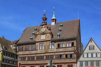 Tübingen town hall, friezes, sgraffito painting, paintings, facade painting, astronomical clock,