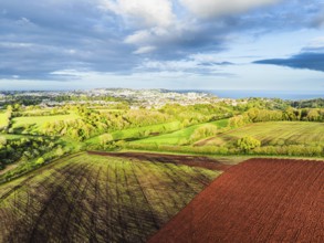 Fields and Farms over Torquay from a drone, Devon, England, United Kingdom, Europe