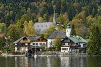 St Ullrich's parish church and St Jacob's church, on the shore of Lake Walchensee, Walchensee