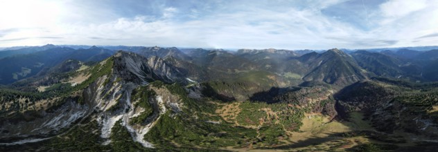 Aerial view, Alpine panorama, Bavarian and Austrian Schinder, Tegernsee mountains in the Mangfall