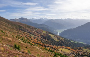 View of the mountain panorama and the Upper Inn Valley in the morning light, Krahberg on the Venet