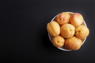 Fresh orange apricots in white bowl on black background. top view, flat lay, copy space