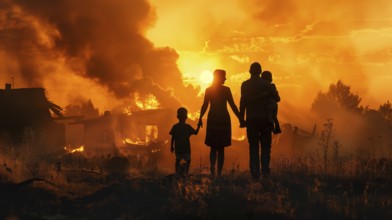 Young family standing stunned gazing at the fire ruins of their home. generative AI, AI generated