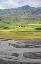 View from a hill, view over alluvial land, meandering river, Dímonarhellir, Suðurland, Iceland,