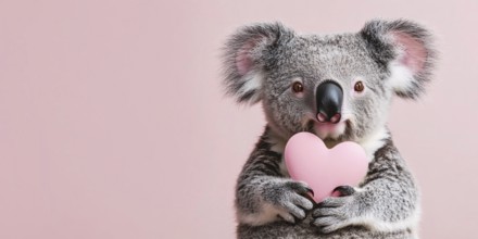 Cute Koala bear holding plush heart in front of pink background with copy space. Generative AI, AI