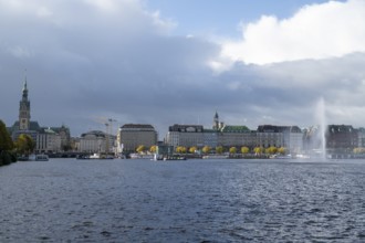 Panorama of the Inner Alster with City Hall, Alsterhaus and St Michael's Church, Jungfernstieg,