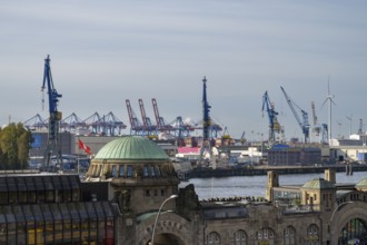 Jetties, cranes, harbour, Elbe, St. Pauli, Hamburg, Germany, Europe