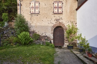 Historic building, garden, shutters, door, Mesenich, district of Cochem-Zell, Rhineland-Palatinate,