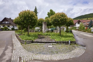 Memorial to the fallen of the 1st World War, green area with trees, residential buildings,