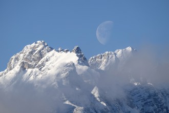 Small and large beggar's litter, moon, in winter, Vomp, Tyrol, Austria, Europe