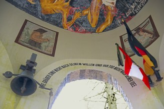 Artistic ceiling painting with flags and bell, accompanied by text, Jama pod Krenom, remembrance of