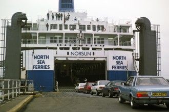 Cars embarking on the ship Norsun Ferry, North Sea Ferries, harbour of Rotterdam, Netherlands,