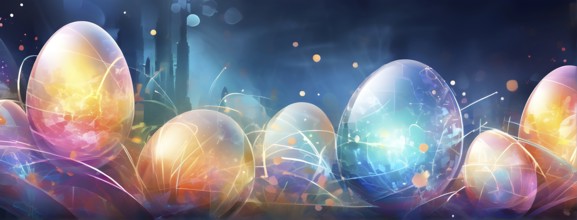 Easter-inspired abstract artwork with layered, translucent egg shapes overlapping with bursts of