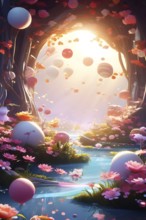 Surreal Easter scene with floating eggs, ribbons, and flowers in a dreamlike, whimsical composition