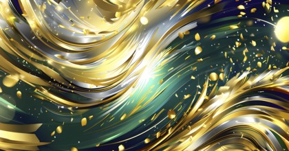 Abstract Illustration of energetic and dynamic swirl of gold, silver, and deep green hues,