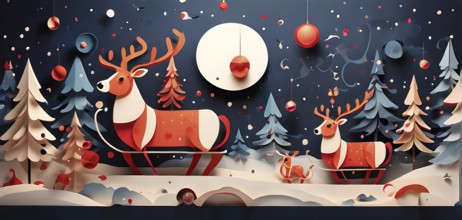 Whimsical abstract scene with stylized reindeer and sleighs to capture the magic of Christmas, AI